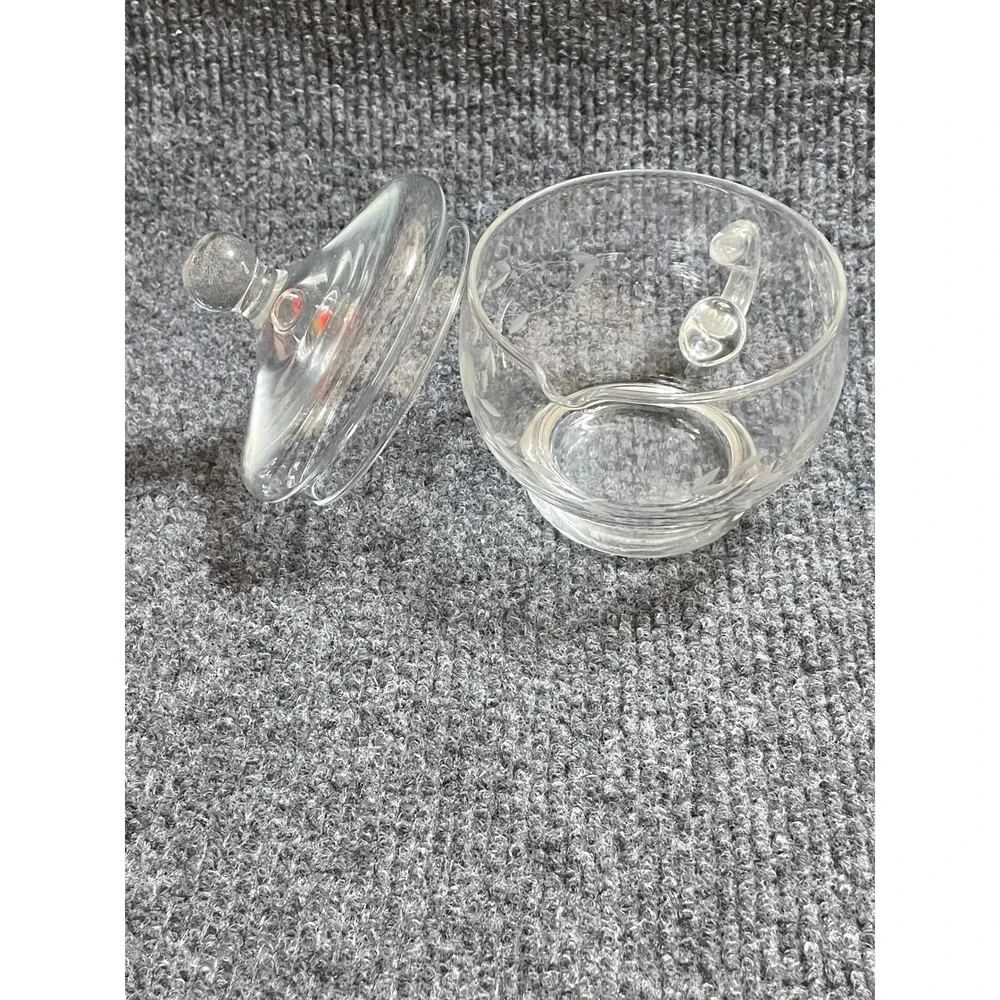 Vintage Etched Glass Jam Jar with Lid and Handle Clear Floral Condiment Server